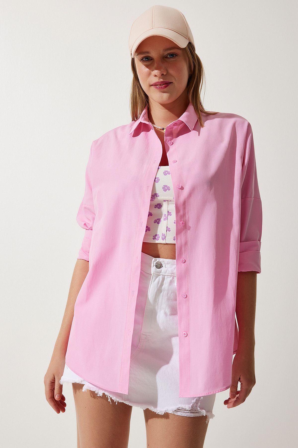 Kadın Pembe Oversize Uzun Basic Gömlek  DD00842